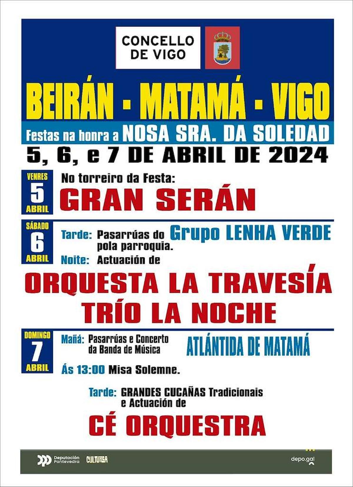 Cartel de las festividades en honor a Nosa Señora da Soledad en Beirán (Matamá).