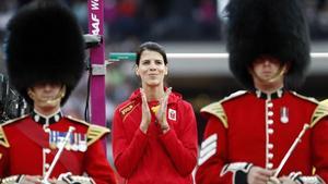 Ruth Beitia, durante la presentación de la final de salto de altura en los Mundiales de Londres 2017.