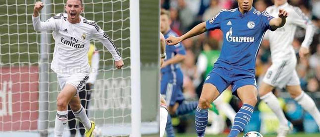 Borja Mayoral (izquierda) celebra un gol con el Castilla la pasada temporada; Leroy Sané (derecha), la pasada temporada contra el Real Madrid.