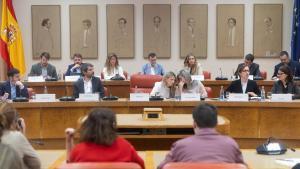 Los ministros de Sumar, este lunes en la reunión en el Congreso. 