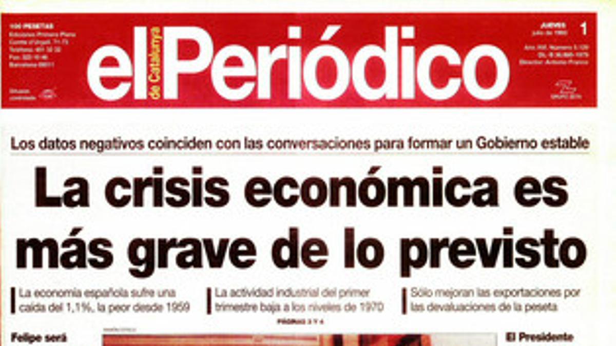 Portada de EL PERIÓDICO del 1 de julio de 1993, en plena crisis.