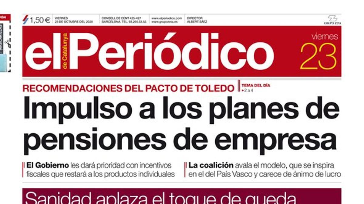 La portada de EL PERIÓDICO del 23 de octubre del 2020.