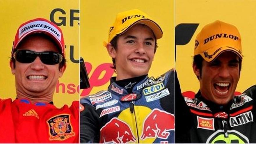 Dani Pedrosa, Marc Márquez y Toni Elías.