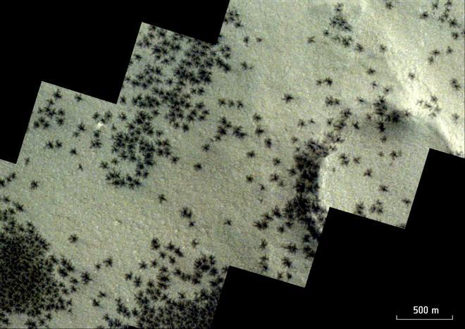 Vista de ExoMars de las arañas de hielo en Marte.