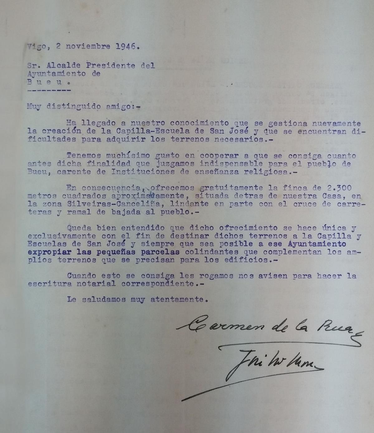 La carta de Carmen de la Rúa, en noviembre de 1946, al alcalde de Bueu, que era José María Massó, para ceder los terrenos donde se ubicaría la capilla y escuela.