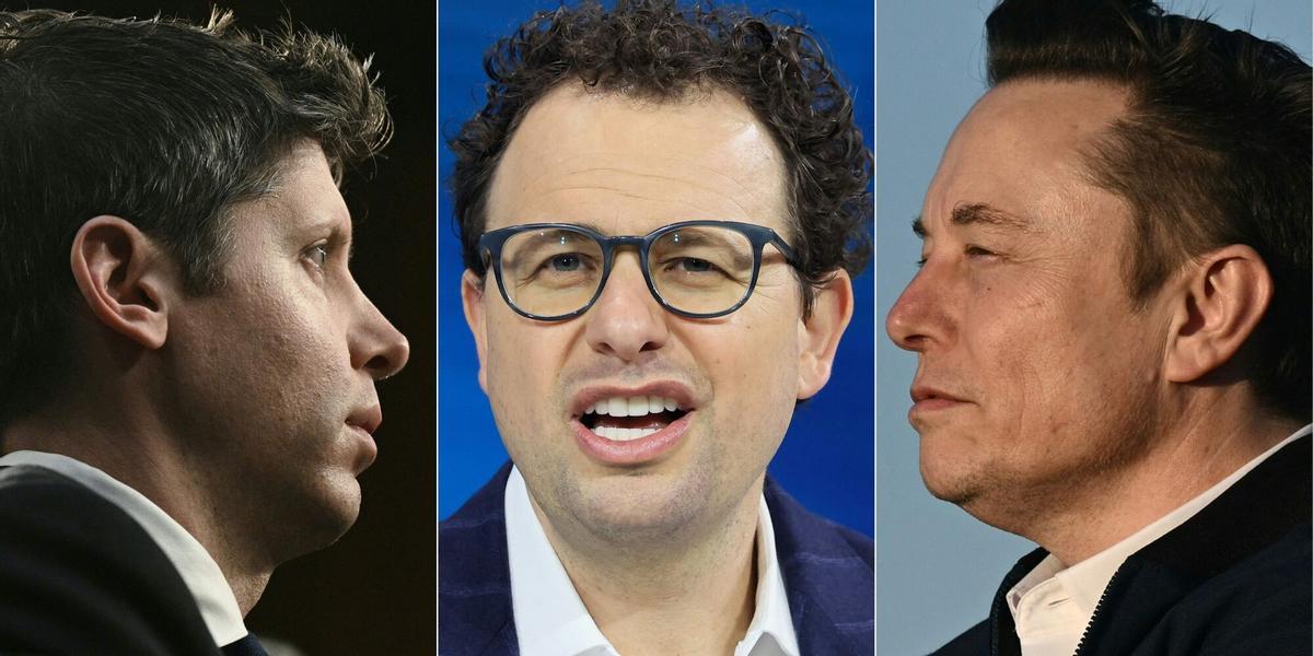 Retratos de Sam Altman (OpenAI), Dario Amodei (Anthropic) y Elon Musk (SpaceX), tres de los grandes magnates de la IA que advierten del "riesgo existencial" de esta tecnología.