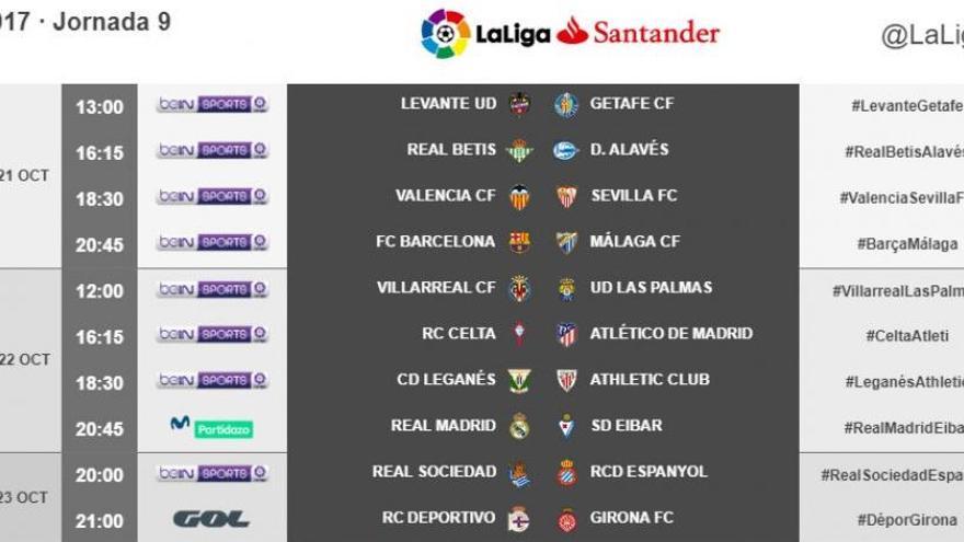 Els horaris corresponents a la novena jornada de Primera Divisió.