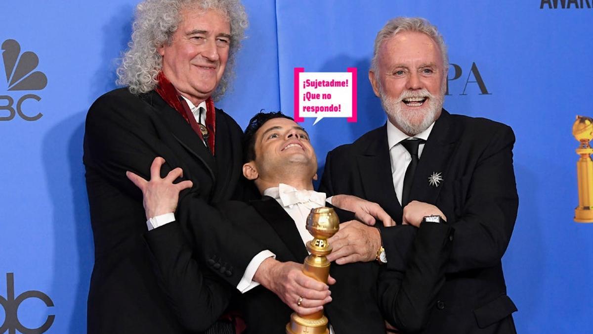 Rami Malek con los miembros de Queen en los Globos de Oro