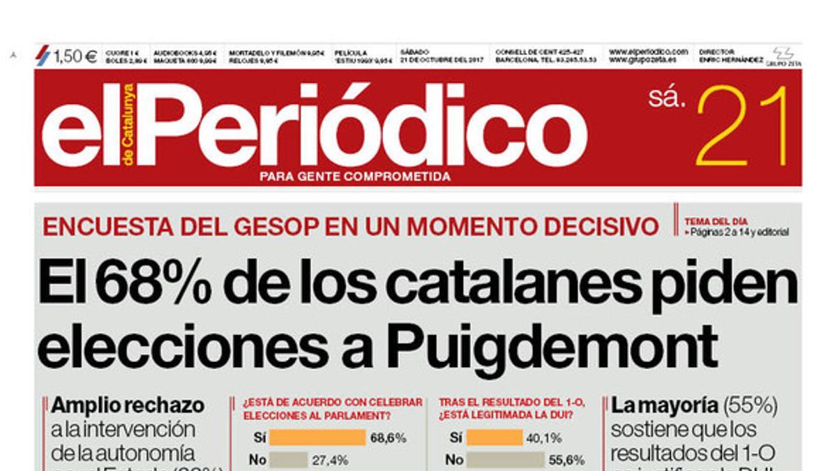 La portada de EL PERIÓDICO del 21 de octubre del 2107.