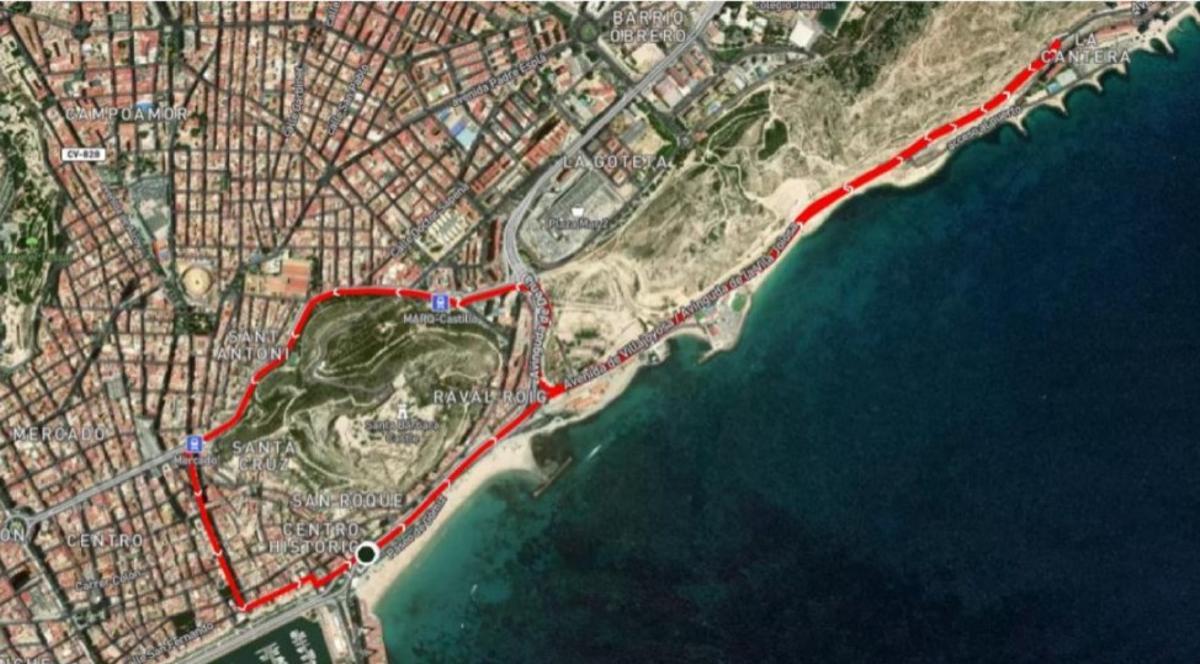Mapa del recorrido del triatlón del domingo, con afecciones en el centro, el Postiguet, Raval Roig y La Cantera.