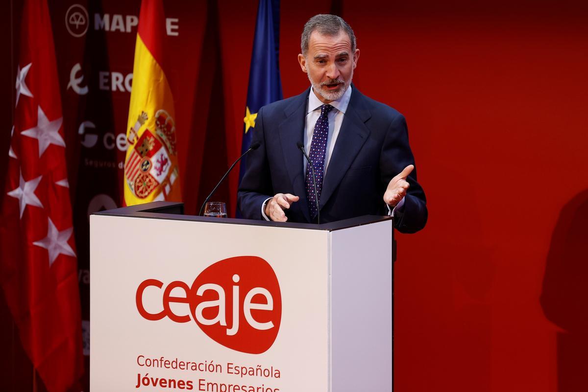 El Rey Felipe VI durante su intervención en la entrega del Premio Nacional Joven Empresario de la patronal CEAJE