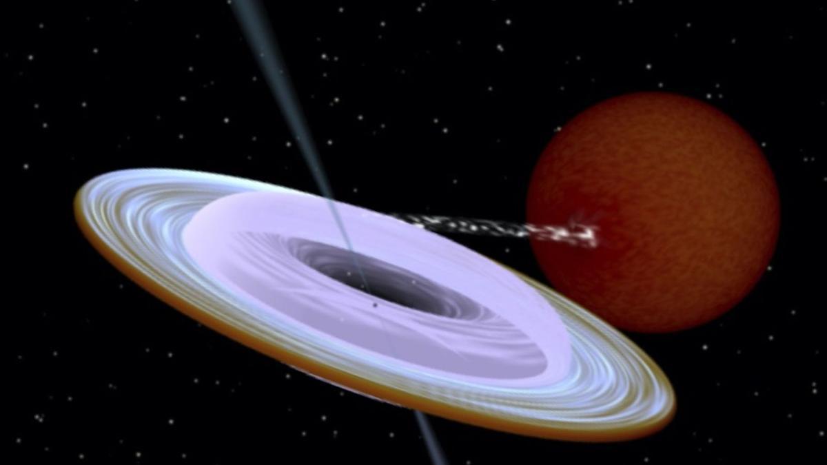 Recreación artística del sistema binario, que contiene un agujero negro (el pequeño punto negro en el centro del disco gaseoso) y una estrella compañera. | | R. HYNES