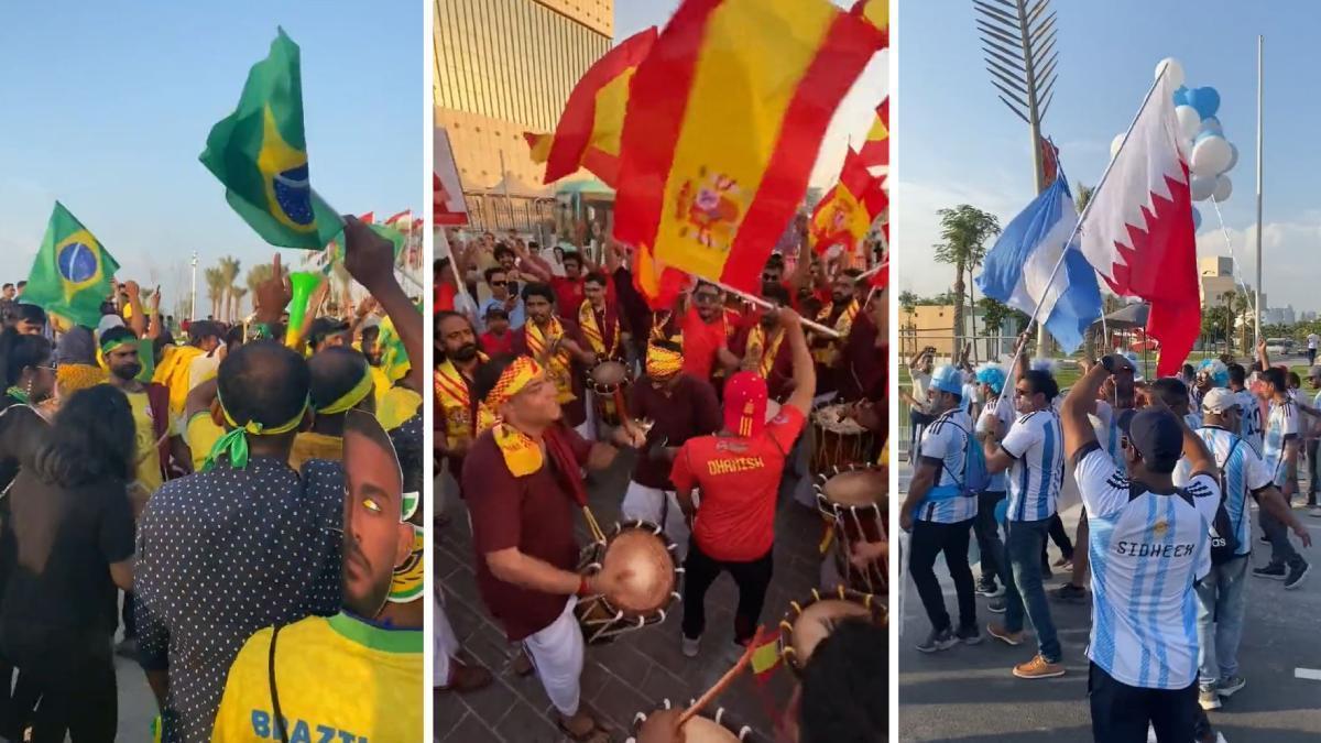 Aficionats suposadament de Qatar vestits per animar les seleccions de Brasil, Espanya i Argentina