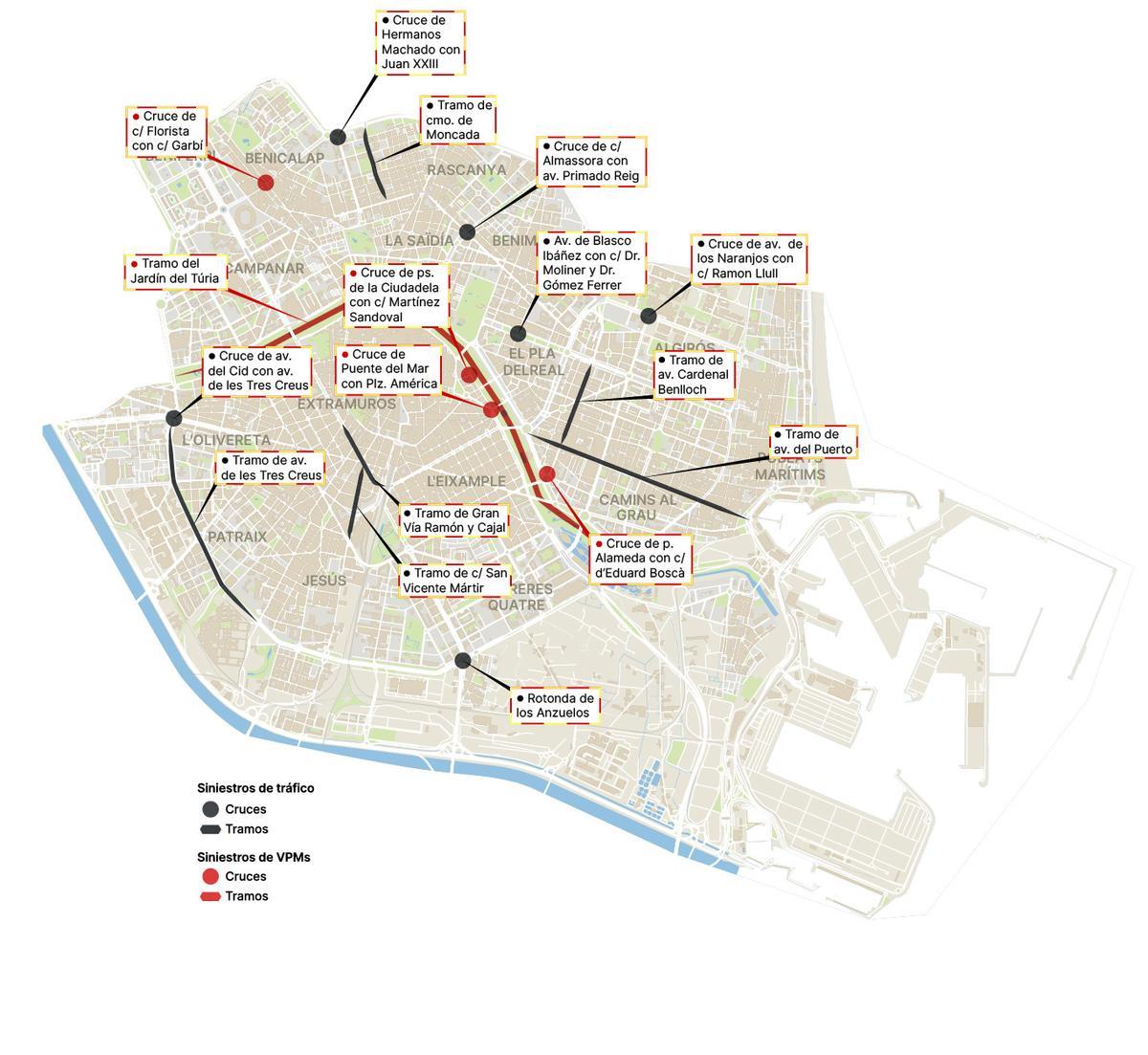 Mapa de puntos negros de siniestralidad en la ciudad de València