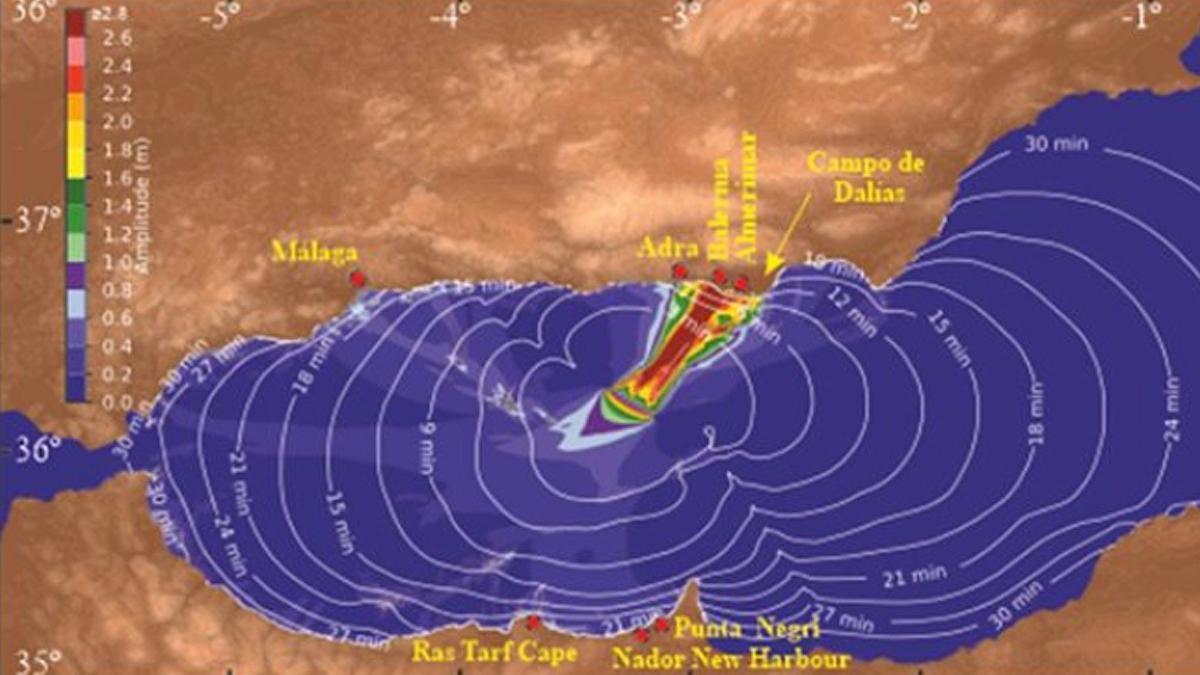 Modelo de propagación del tsunami y áreas del litoral que se verían afectada.
