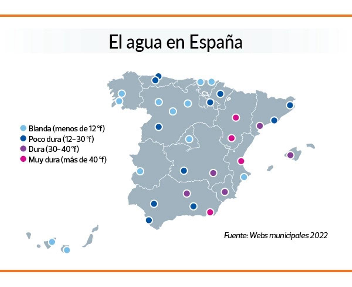 Mapa de la dureza del agua en España.