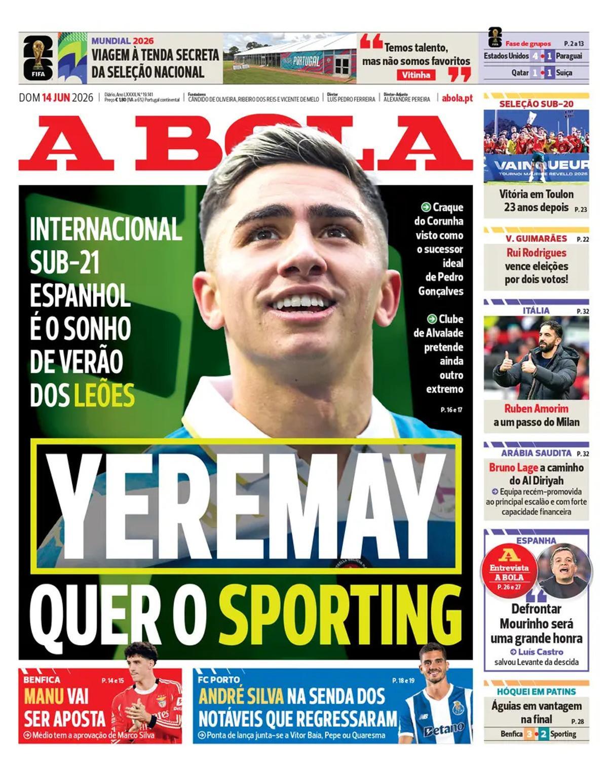 La portada de 'A Bola' en este domingo, 14 de junio