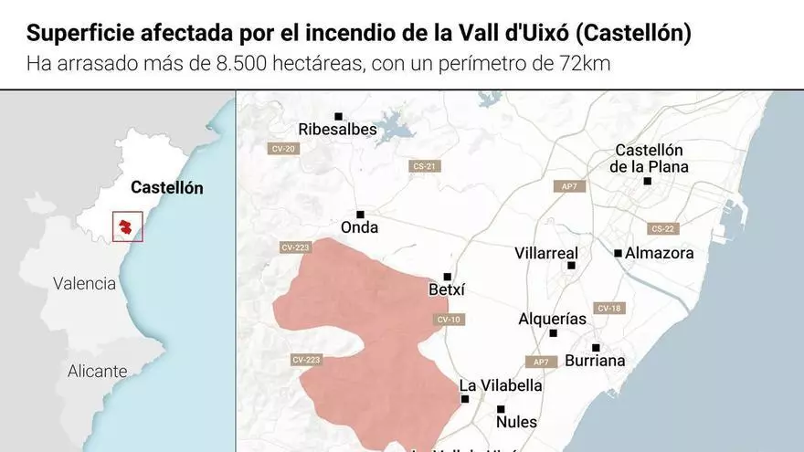 Imágenes del incendio de la Vall d'Uixó en su cuarto día tras el desconfinamiento de vecinos