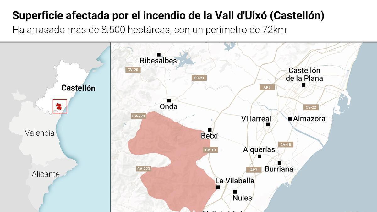 Mapa amb l’extensió de l’incendi que està calcinant el cor de la serra d’Espadà