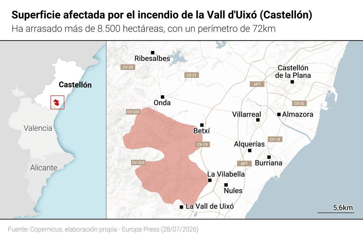 Mapa con la extensión del incendio que está calcinando el corazón de la Serra d'Espadà.