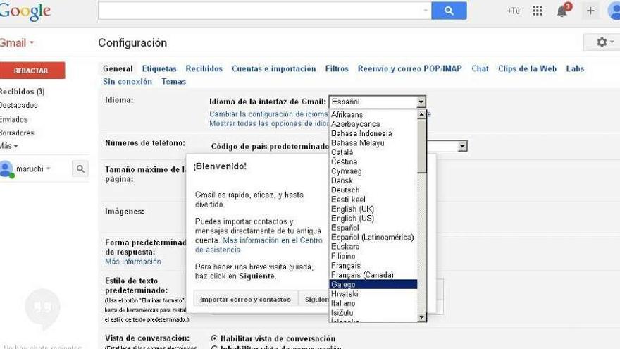 Página donde se puede realizar el cambio de idioma en Gmail.