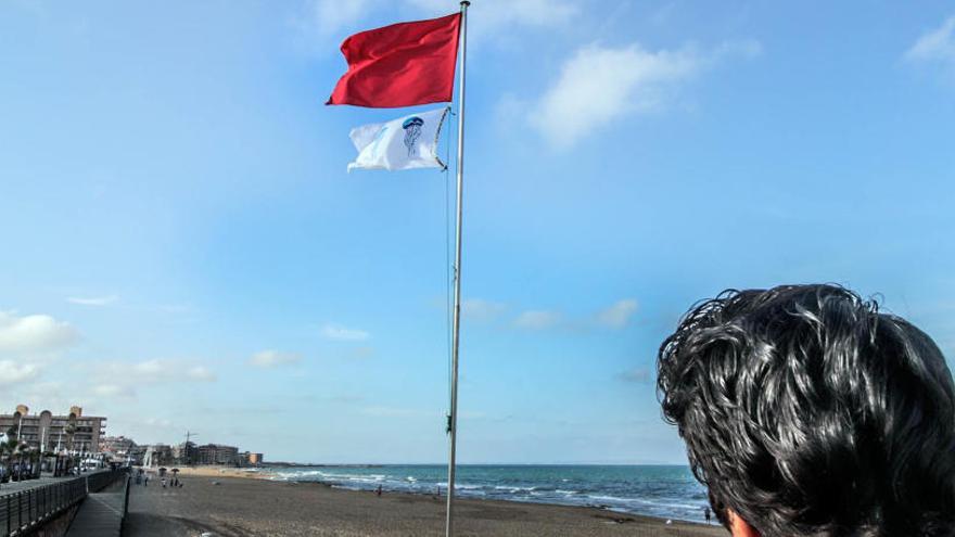 Imagen de la bandera roja ondeando en la playa de La Mata hoy/ Foto Tony Sevilla