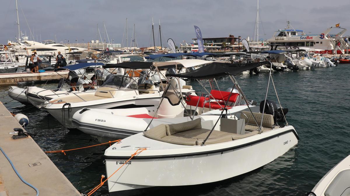 Barcos  de empresas de alquiler amarrados en el puerto de la Savina.