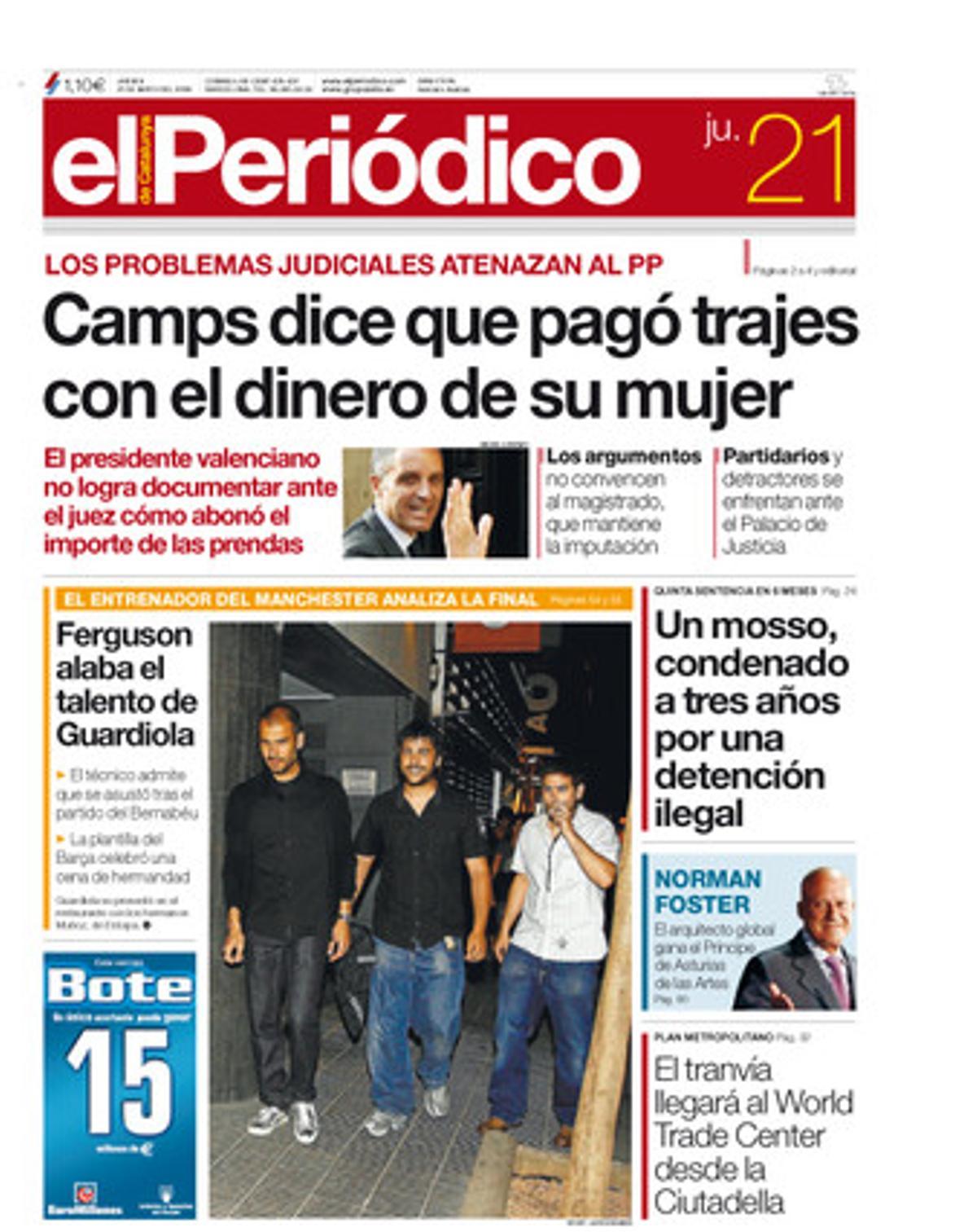 Rajoy se plancha a Camps por el caso Gürtel. El escándalo de los trajes derrumba al presidente valenciano. Portada publicada el 21 de mayo del 2009.