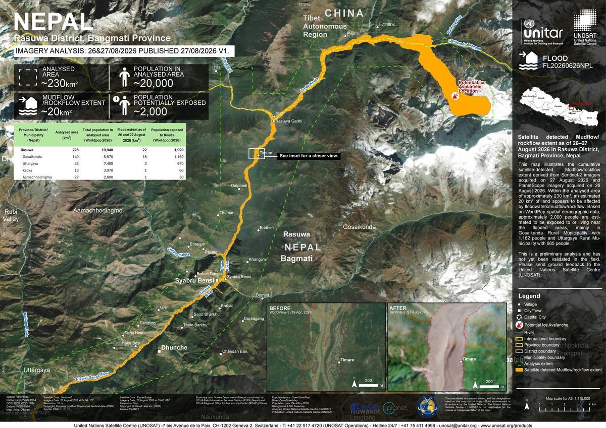 Descripción del proceso de la avalancha de Nepal. En amarillo la zona afectada .