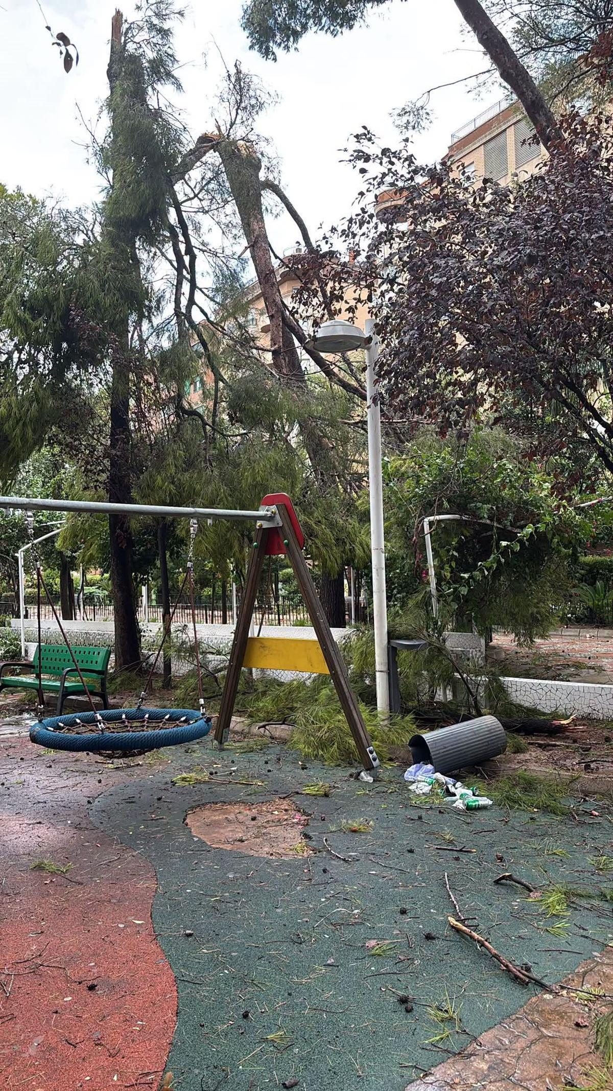 Ramas caídas en un parque infantil en Alberic.