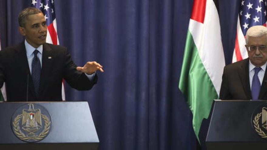 Obama y  Abbas en la rueda de prensa en la Mukata.