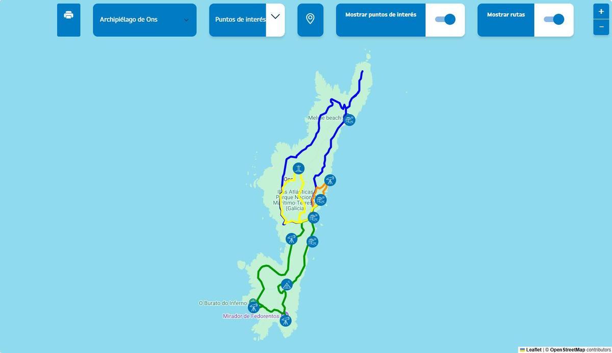 Mapa en de la illa de Ons en el que se muestran miradores, playas y rutas (en verde la Ruta Sur y en amarillo la Ruta do Faro).