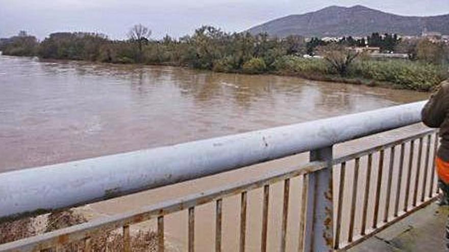 Un veí mirant la crescuda del riu Ter de la setmana passada des del pont de Torroella de Montgrí.