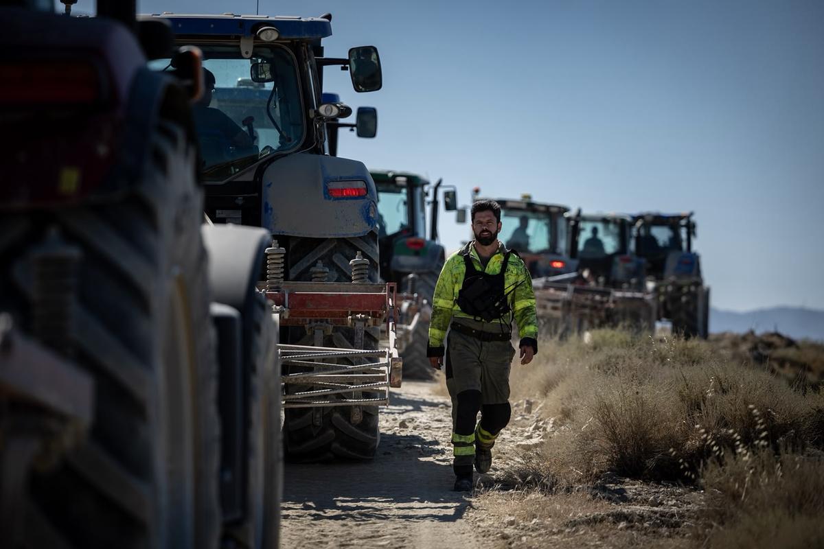 Agricultores trabajando en la sierra de Alcubierre, este jueves.