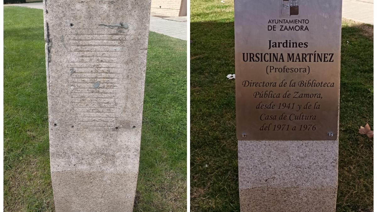 Reponen la placa robada en el monolito de Ursicina Martínez.