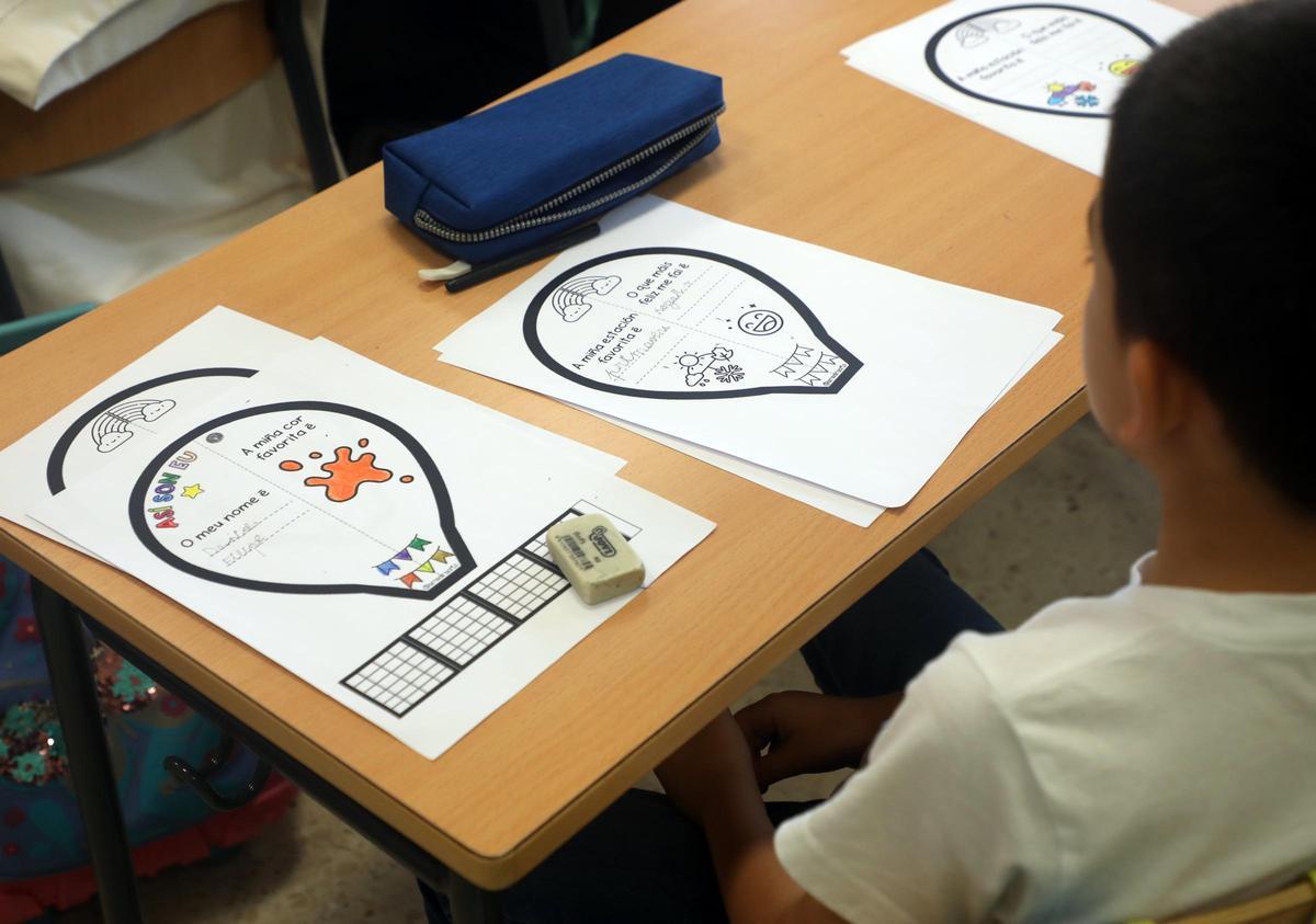 Un alumno traballa con contidos galegos nunha aula.