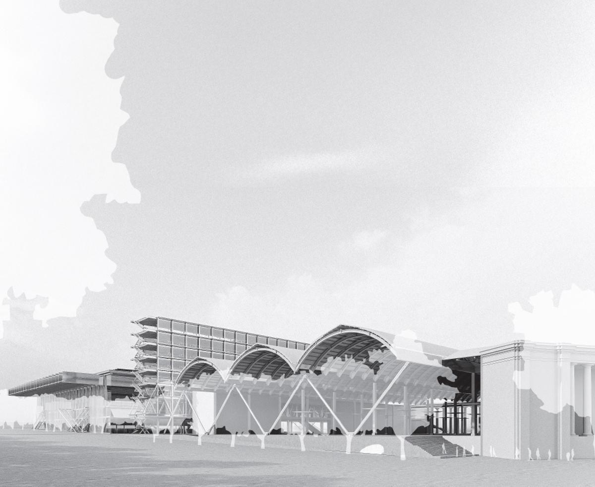 Recreación del palacio de Comunicacions, el futuro edificio de oficinas y el nuevo palacio Multifuncional del recinto de Montjuïc de Feria de Barcelona, visto desde la futura calle de la Guàrdia Urbana.