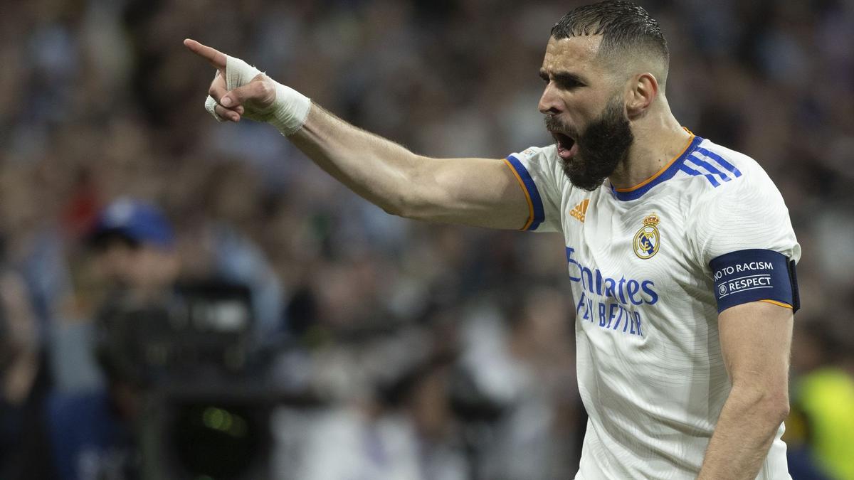 Karim Benzema festeja su gol al Manchester City en la semifinal de la Champions.