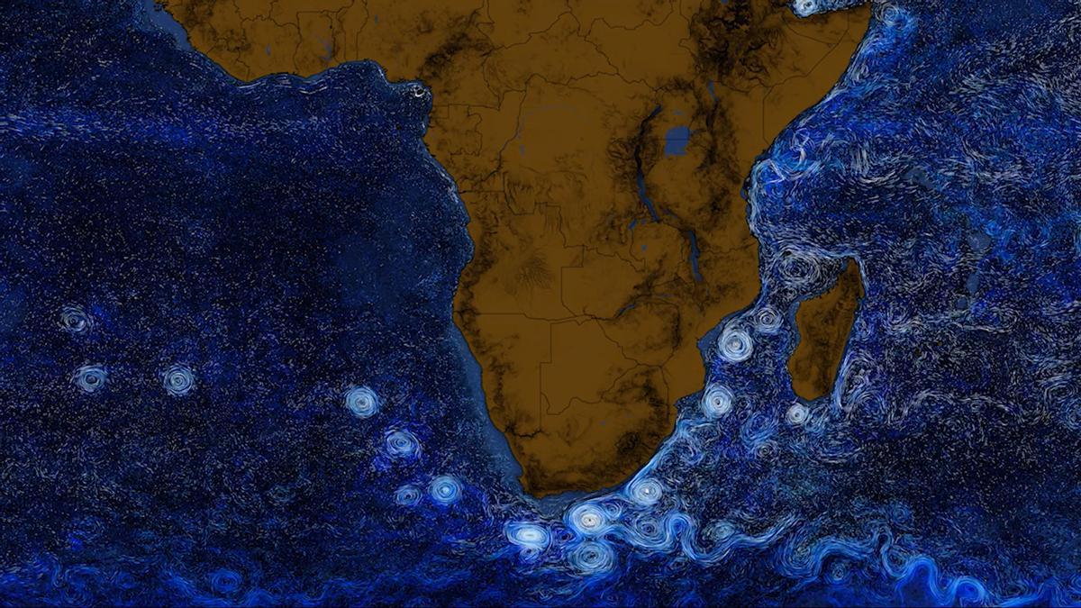 Vórtices creados por la corriente de Agulhas en Sudáfrica y alrededores