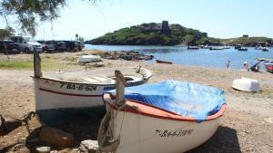 Dos pequeñas barcas de pescadores, conocidas como llaüts en catalán, (o laúdes) en una playa.
