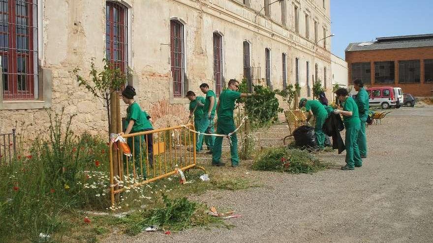 Los trabajadores contratados para el programa recuperan un patio de &quot;Condes de Requena&quot;.