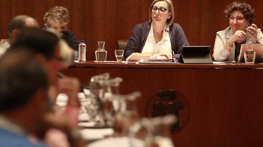 Mariví Monteserín, en el centro, durante el debate plenario de ayer.