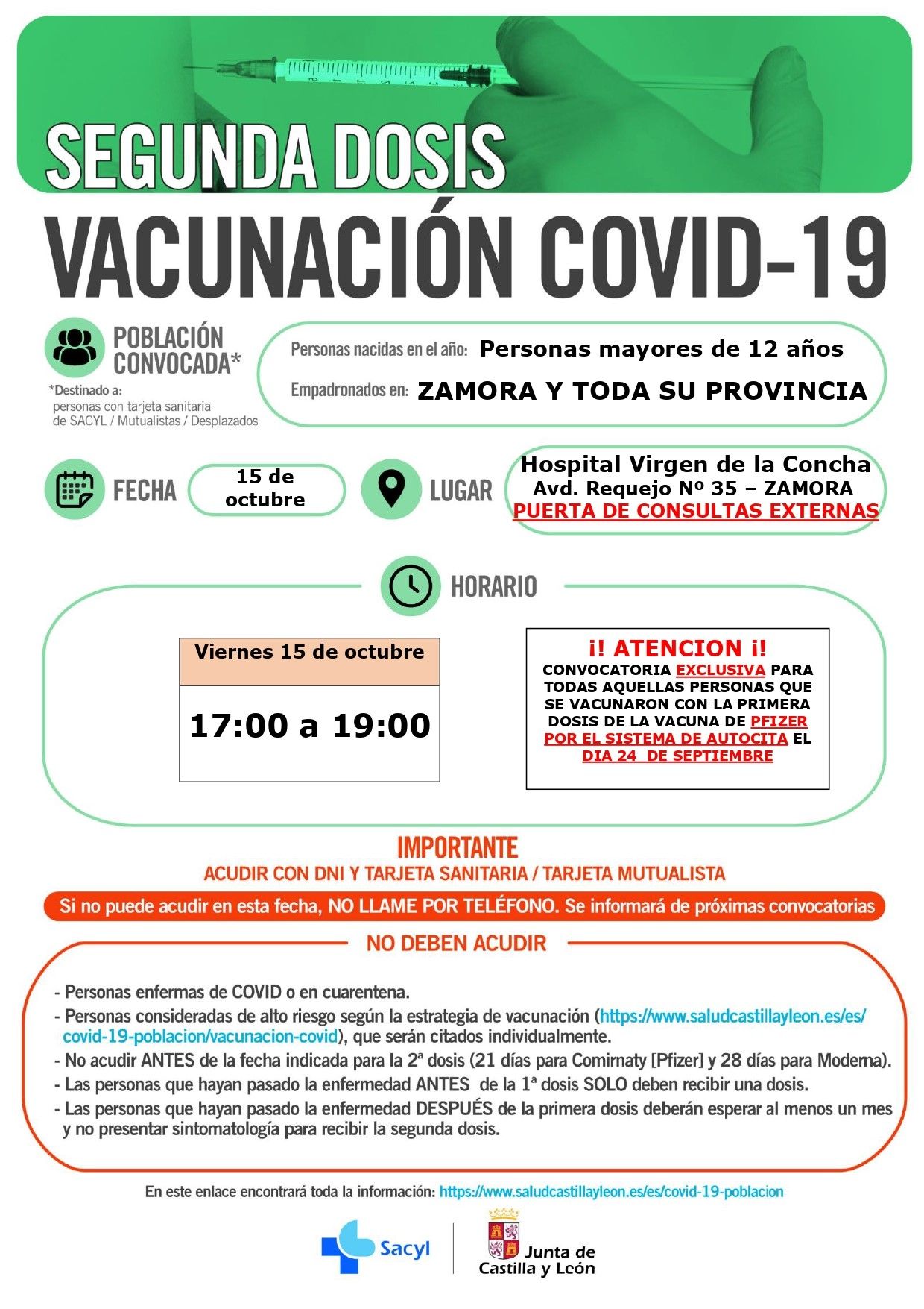Vacunación con segunda dosis de Pfizer para los vacunados con la primera en Zamora el 24 de septiembre