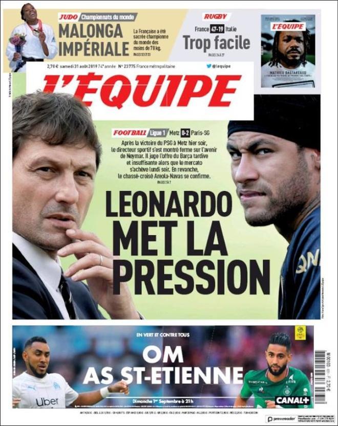 Esta es la portada de LEquipe de este 31 de agosto de 2019