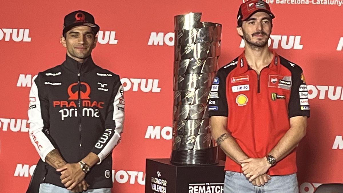 Jorge Martín y 'Pecco' Bagnaia, en la conferencia de prensa de hoy en Montmeló.