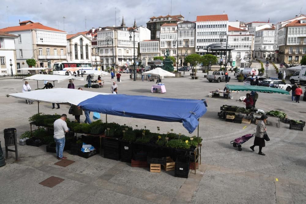 Una docena de vendedores de productos agroalimentarios de toda la comarca coruñesa acudieron a la plaza Irmáns García Naveira de Betanzos en el primer mercado semanal desde el inicio del confinamiento