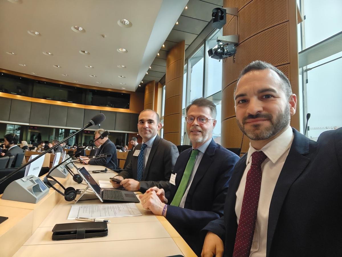 Los miembros de la asociación Sevilla Quiere Metro, antes de intervenir ante la Comisión de Peticiones del Parlamento Europeo en Bruselas