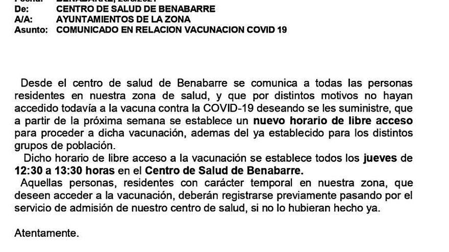 Carta enviada para invitar a la vacunación en la zona de Benabarre. | SERVICIO ESPECIAL