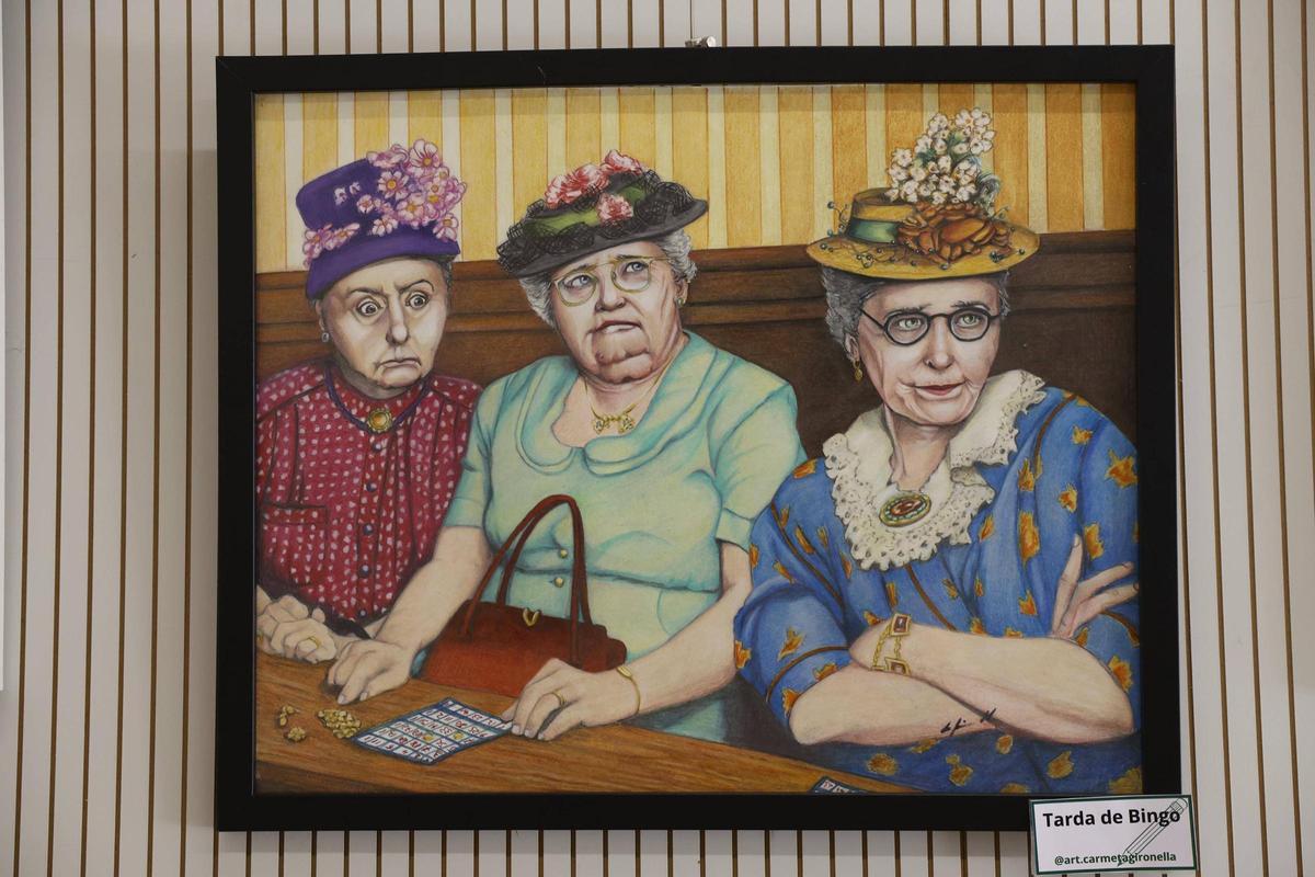 Escena d'unes àvies jugant al bingo, dibuixada per Carmeta Gironella.