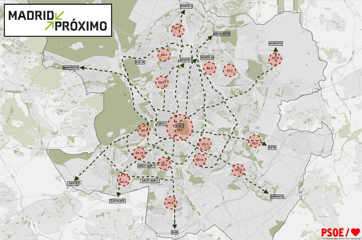 Los 16 policentros proyectados por el PSOE para la transformación de la ciudad